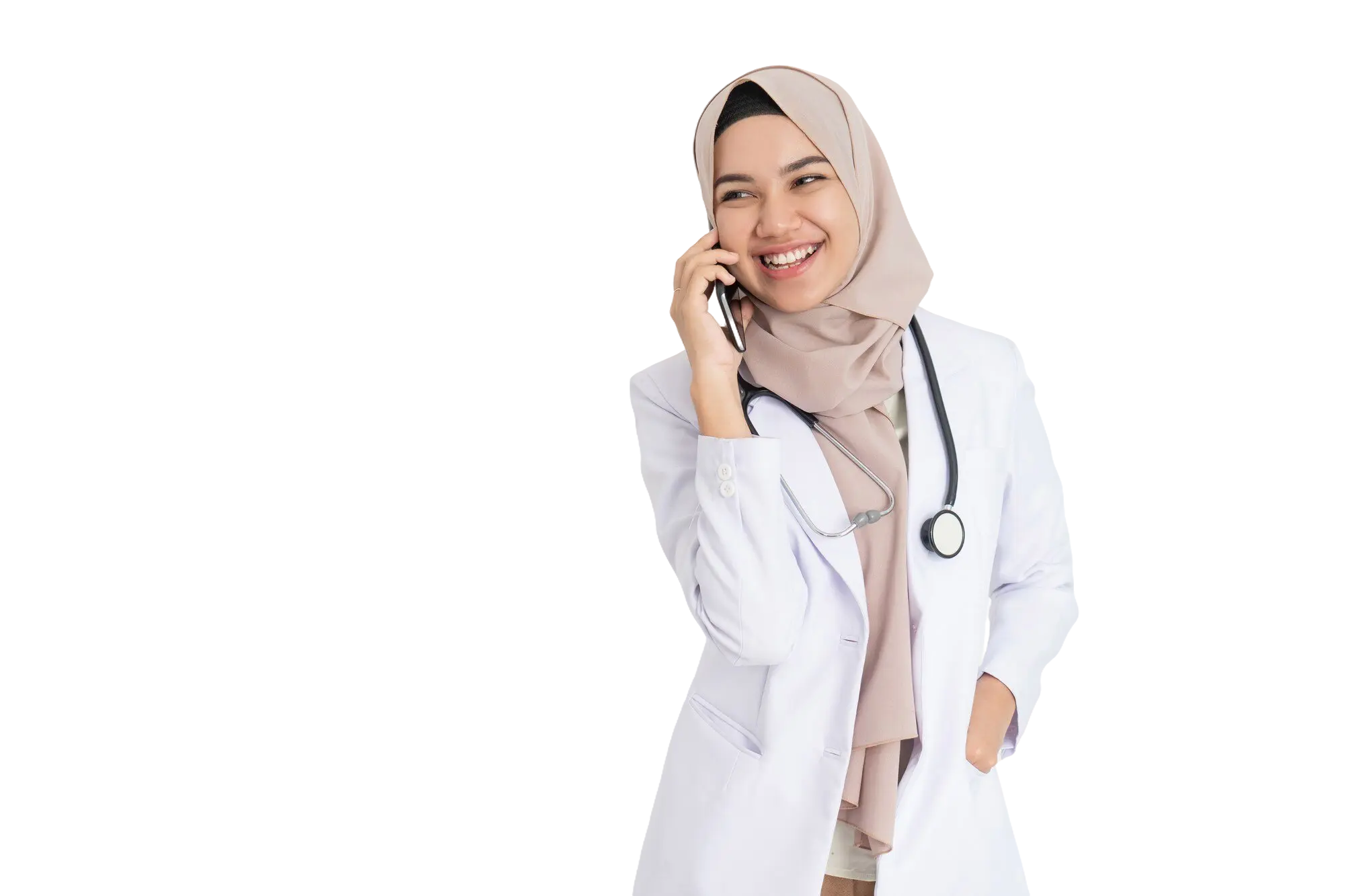 veiled female doctor white uniform smiling while making phone call